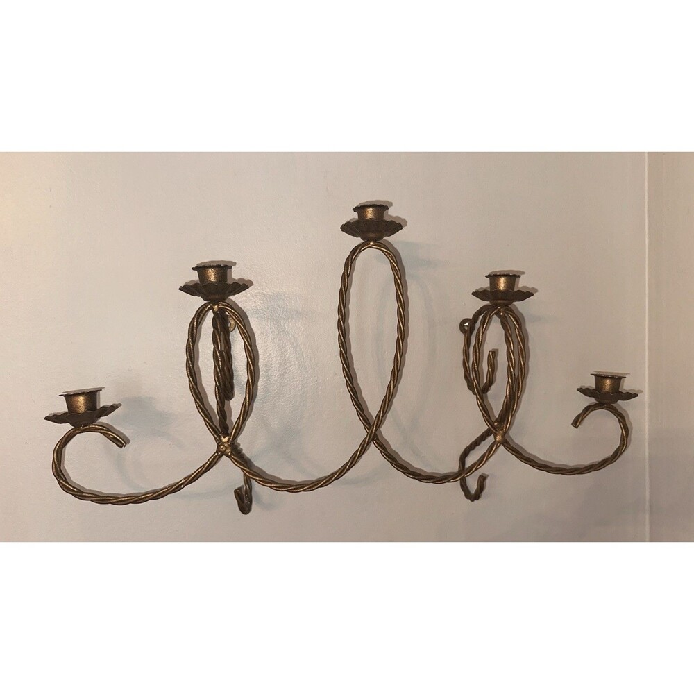 Vintage Homco Twisted Rope Gold Metal Wall Candle Sconce Candelabra 21"